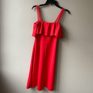 VTG 1970s Kappi Red Midi Dress Triple Strap Ruffle Bodice